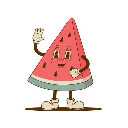 Funny retro cartoon watermelon character. Smiling fruit mascot vector illustration. Nostalgia 70s, 80sのイラスト素材