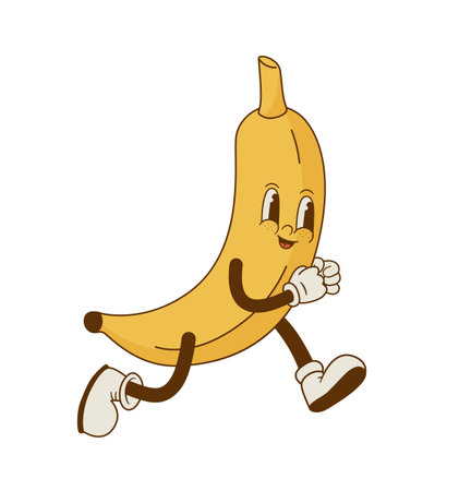 Comic mascot of running banana vector illustration. Funny retro cartoon tropical fruit character. Groovy style.のイラスト素材