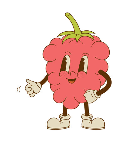 Cute raspberry mascot vector illustration. Funny retro cartoon berry fruit character on white background.のイラスト素材