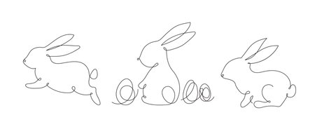 Rabbits line art vector illustration set. Easter bunny isolated on white background.のイラスト素材