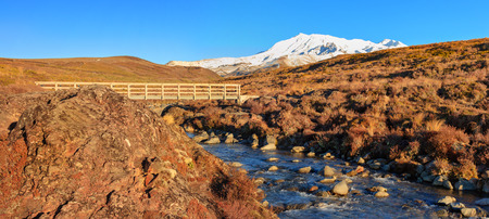 Bridge over mountain stream and Mt Ruapehu at Tongariro National Park, New Zealandの写真素材