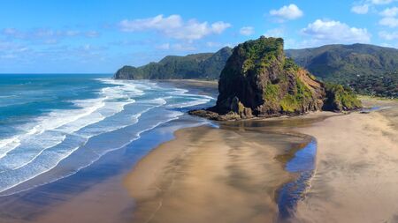 Piha Beach and Lion Rock in the morning sun, New Zealandの写真素材