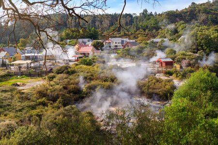 Living maori Thermal Village Whakarewarewa, Rotorua, New Zealandの写真素材