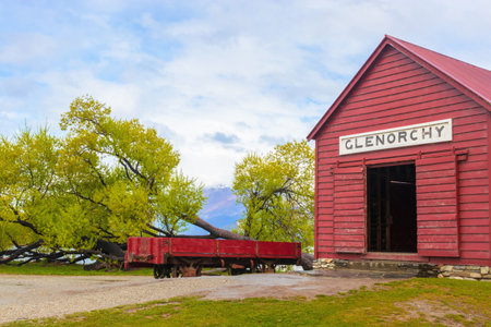 Glenorchy boatshed near wharf at Wakatipu lake, New Zealandのeditorial素材