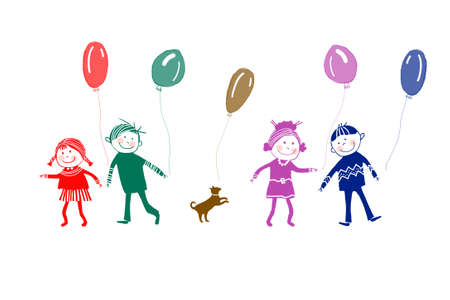 Happy children and dog with balloonsの写真素材