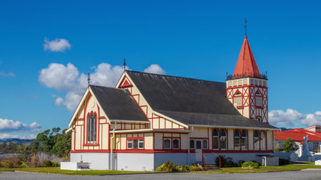 The historic 1914 St. Faith's Anglican Church at lake Rotorua, New Zealand. Photo taken: 4 of August 2020のeditorial素材