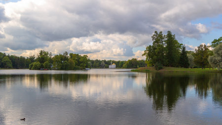 Catherine Palace park and Big Pond in Tsarskoye Selo, Saint Petersburg, Russiaの写真素材