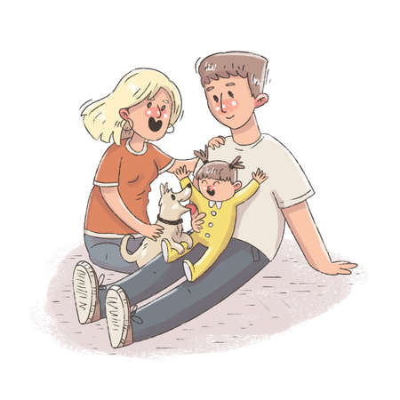 Happy family. Mom, dad, child and dog are having fun together.の写真素材