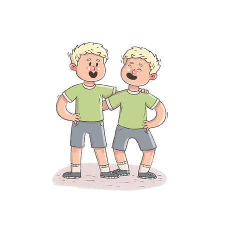 The two twins laugh together. Twin boys. The children are twins.の写真素材