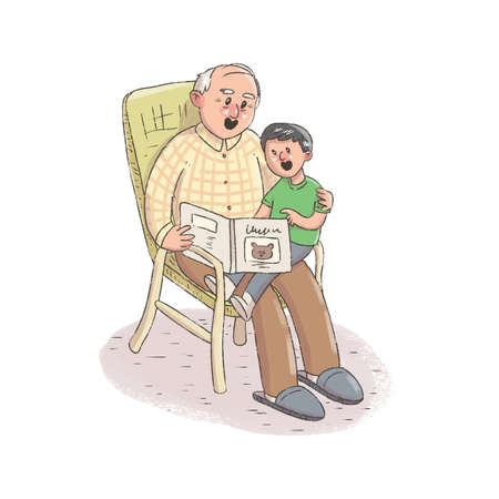 Grandfather reads a book to his grandson. Grandfather and grandson.の写真素材