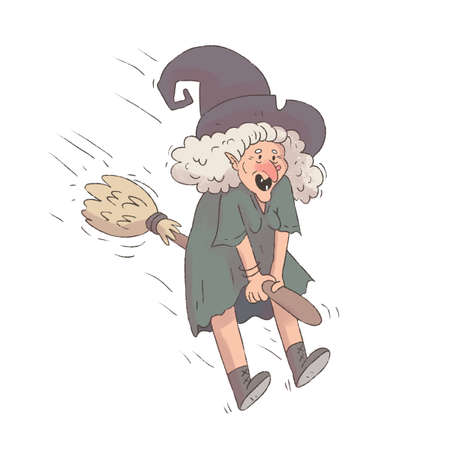 The witch flies on a broomstick. The cheerful witch hurries to the coven.の写真素材