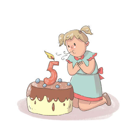 The child is ayat years old. The child blows out the candles on the cake.の写真素材