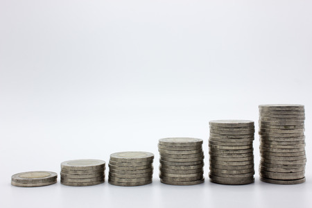 Stack coins Thailand isolate of growth or saving on white background.
