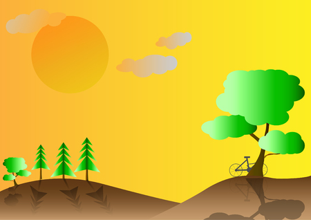 Landscape nature of mountain and bicycle leaning against a tree with clouds and sunlight,Vector illustration.のイラスト素材