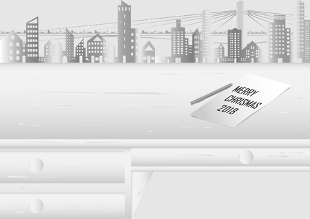 White paper for writing text and pen on white Table with drawer and Cityscape of building,skyscraper,Suspension bridge in snow on winter paper style on background with copy space,vector illustration.のイラスト素材