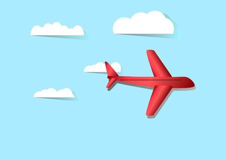 Landscape of Red plane on blue sky and clouds in paper style,Vector illustration.のイラスト素材