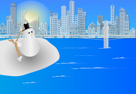 Cityscape of building and skyscraper and suspension bridge in paper style over the river with snowman stand alone on the island in the middle on winter season or christmas,Xmas,Vector illustration.のイラスト素材