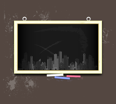 Cityscape of building and skyscraper in paper style on black board with copy space for image or text,vector illustration.のイラスト素材