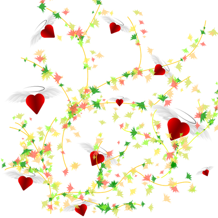 Abstract cute background colorful leaves and hearts on white background for love concept. Vector illustration.のイラスト素材