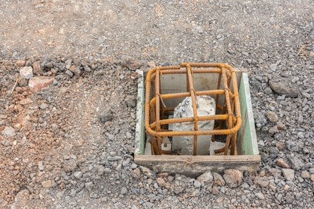 Piling And put the steel bar before pouring concrete for strength in weight.の写真素材