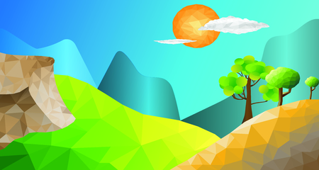 Landscape nature mountains and trees with sun and clouds on blue sky in low polygon design,Vector illustration.のイラスト素材
