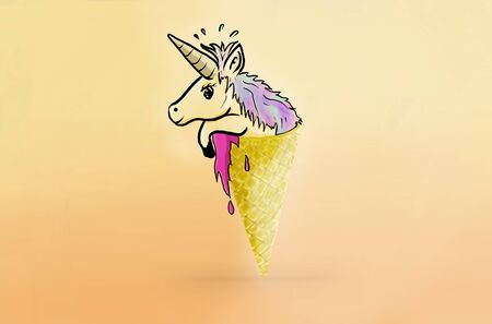 Cute Unicorn in ice cream cone with beautiful background,Illustration design.