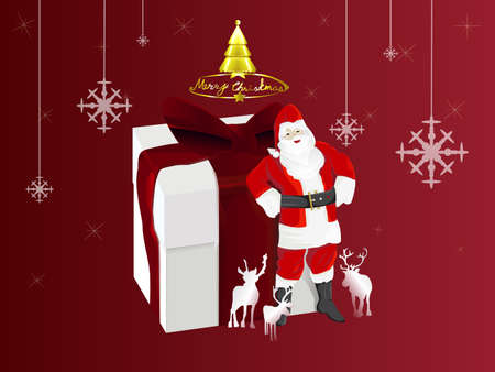 Winter Christmas composition in red background, gift box ,Christmas tree and gold merry Christmas text with snowflake and smile of Santa Claus and reindeer,Vector illustration design.のイラスト素材