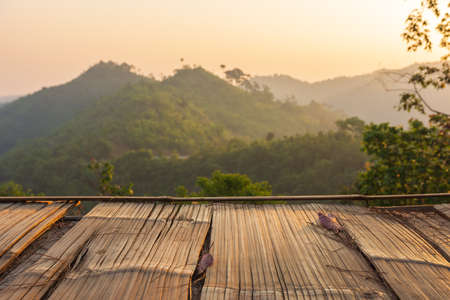 Bamboo Wooden background and landscape nature mountain on sunshine.の写真素材