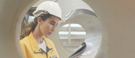 Female engineer in professional industrial factory,Workers wear safety helmets and carry checklist...