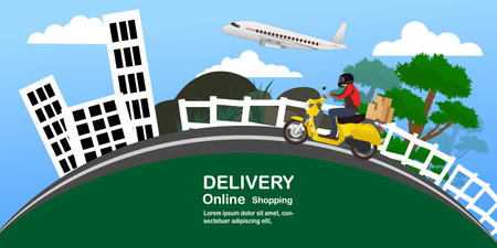 Delivery service concept with fast scooter and plane deliveries in urban, rural, and worldwide. Concept for delivery websites, banners, apps, posters, mobile platforms, with natural background.のイラスト素材