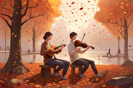 Man and woman playing violin in autumn park with fallen leaves, digital painting art illustration,AI Generated.の素材