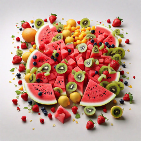 Pile of fruits watermelon, kiwi, grapes, strawberries, corn, blueberries and oranges on white background. AI Generated.の素材