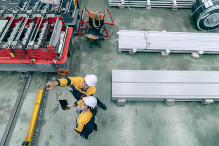 High angle view of factory engineer using digital tablet while standing in warehouse.