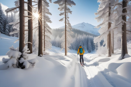 Hiker with backpack walking in winter landscape forest with snow covered trail and trees in winter mountains.AI Generated.の素材