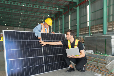Worker and engineer checking solar panel in warehouse. This is a freight transportation and...