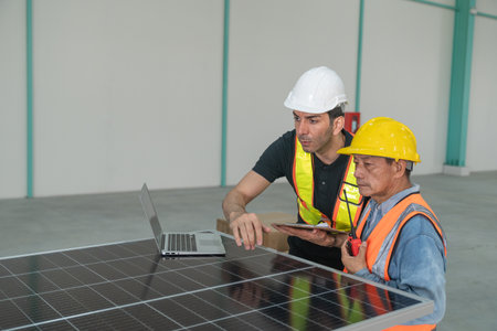 Engineer and technician working with solar panel and laptop in the factory.の写真素材