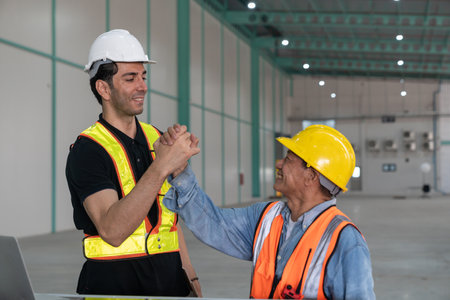 Technician and engineer discussing working together in warehouse.They are using laptop and shaking...