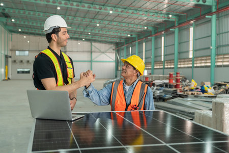 Technician and engineer discussing over solar panel working together in warehouse.They are using laptop and shaking hands.の写真素材