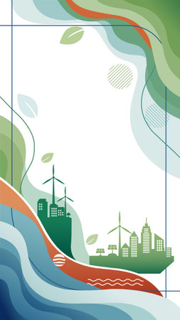 Eco city background with wind turbines solar panels modern buildings flowing green and blue abstract wave layers renewable energy and sustainable environment conceptのイラスト素材
