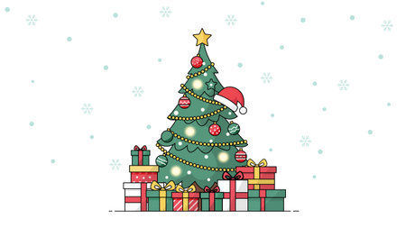 Illustration of Christmas tree decorated with ornaments lights and Santa hat with many gift boxes and snowflakes on white festive holiday backgroundのイラスト素材