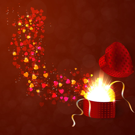 Valentines gifting box with little hearts fly out of the box on an abstract red background.のイラスト素材