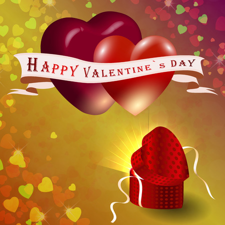 Valentines gifting box with big red hearts and small hearts on an abstract background.のイラスト素材