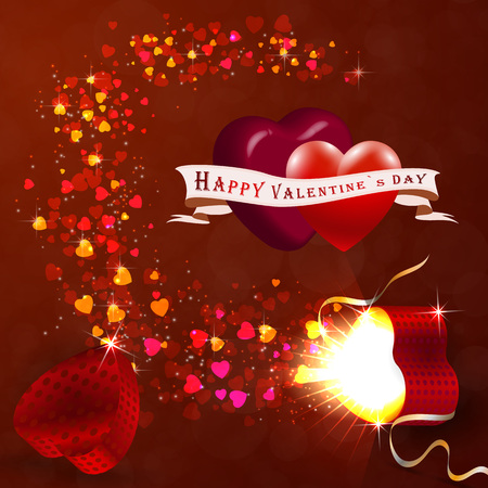 Valentines gifting box with big red hearts and little hearts fly out of the box on an abstract background.のイラスト素材