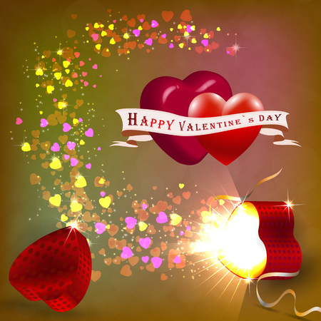 Valentines gifting box with big red hearts and little hearts fly out of the box on an abstract background.のイラスト素材