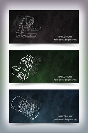 Set of colored banner templates. Mechanical engineering drawings on blackboard. illustrationのイラスト素材