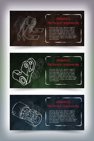 Set of colored banner templates. Mechanical engineering drawings on blackboard. illustrationのイラスト素材