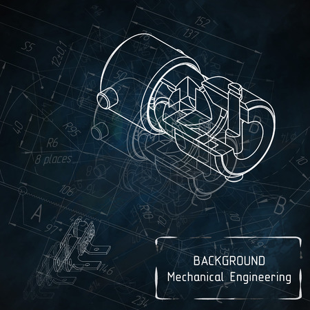 Mechanical engineering drawings on blue blackboard. illustrationのイラスト素材