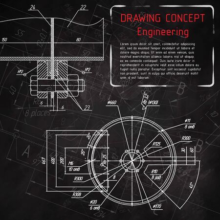 Mechanical engineering drawings on blackboard. illustrationのイラスト素材