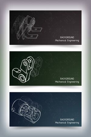 Set of colored banner templates. Mechanical engineering drawings on blackboard. illustrationのイラスト素材
