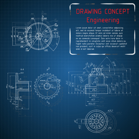Mechanical engineering drawings on blue blackboard. illustrationのイラスト素材